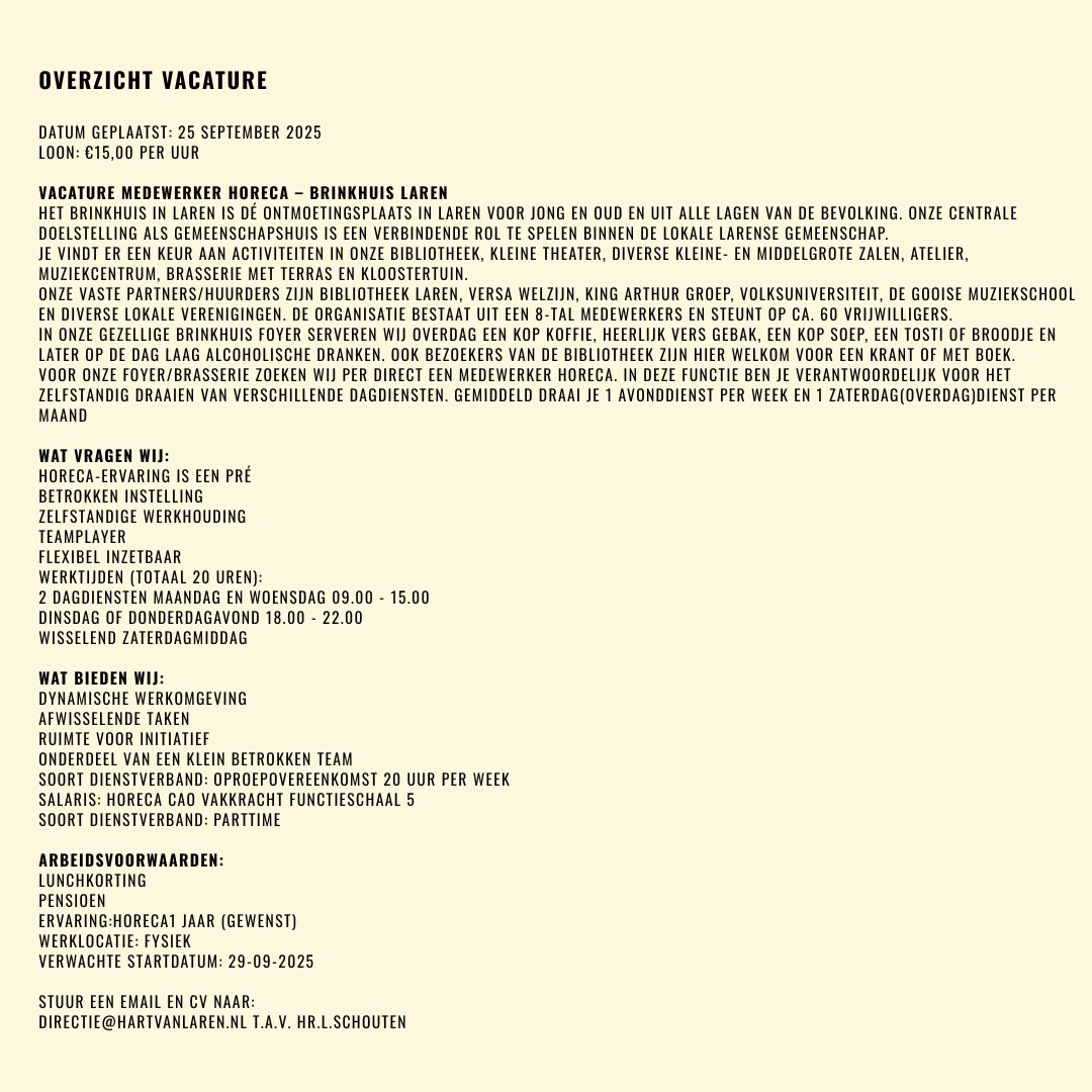 Vacature Medewerker Horeca Brinkhuis Laren Vacature Medewerker Horeca Brinkhuis Laren